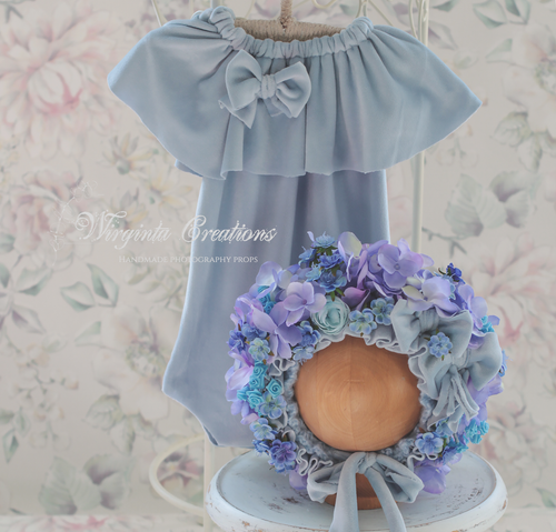 Flower Bonnet and Matching Romper Set for 12-24 Months Old | Baby Blue Colour | Velour Fabric | Photography Prop Outfit