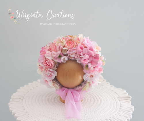 Flower Bonnet for Newborns (0-3 Months) | Photography Headpiece | Pink Colour | Ready to Send