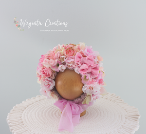 Flower Bonnet for Newborns (0-3 Months) | Photography Headpiece | Pink Colour | Ready to Send