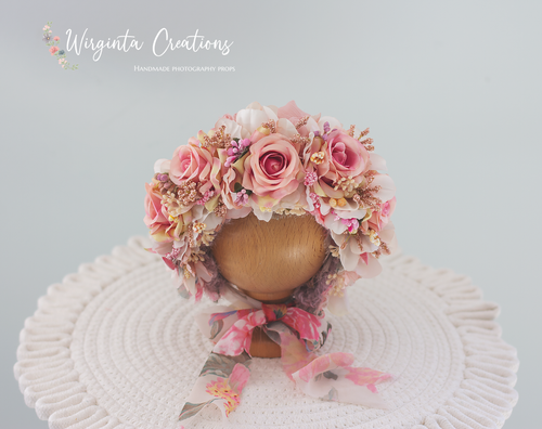 Flower Bonnet for Newborns (0-3 Months) | Photography Headpiece | Pink, Cream Colour | Ready to Send