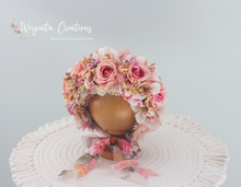 Load image into Gallery viewer, Flower Bonnet for Newborns (0-3 Months) | Photography Headpiece | Pink, Cream Colour | Ready to Send