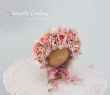 Load image into Gallery viewer, Flower Bonnet for Newborns (0-3 Months) | Photography Headpiece | Pink, Cream Colour | Ready to Send