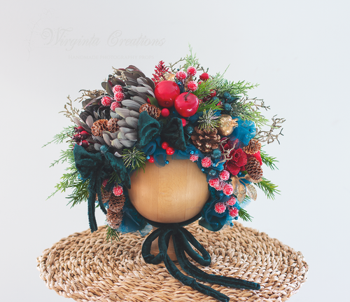 Christmas Flower Bonnet for 12-24 Months Olds | Handmade Festive Headpiece | Bonnet's Colours: Turquoise, Red, Grey | Photography Prop