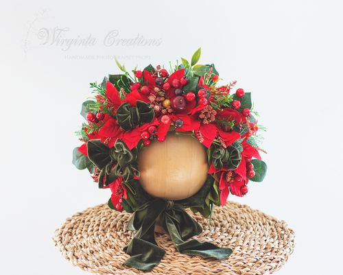 Christmas Flower Bonnet for 12-24 Months Olds | Handmade Festive Headpiece | Bonnet's Colours: Red, Green | Photography Prop