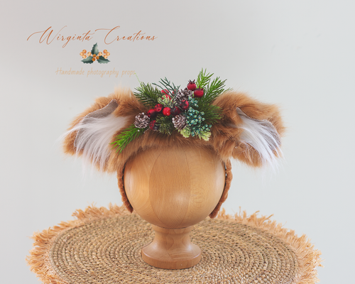 Festive Fawn, Deer Headband | Handmade Christmas Photography Headpiece | Decorated with Berries and Green Accents | Woodlands