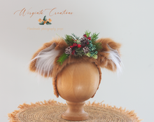 Load image into Gallery viewer, Festive Fawn, Deer Headband | Handmade Christmas Photography Headpiece | Decorated with Berries and Green Accents | Woodlands