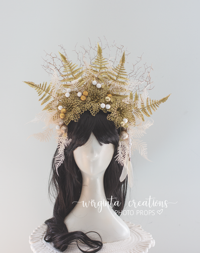 Golden Festive Headpiece | Christmas Photography Crown | Adult Artificial Flower Headband