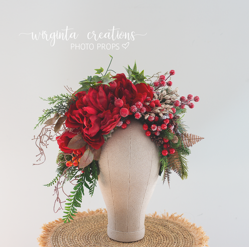 Large Christmas Headpiece | Festive Photography Crown | Adult Artificial Flower Headband | Red, Green Photo Prop