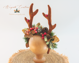 Christmas Antlers Headband | Reindeer Headdress for 12-24 Months Old | Woodlands | Photo Prop