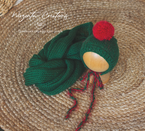 Newborn set | Red and Green | Knitted Wrap and Bonnet | Ready to Send | Photography Prop | Christmas