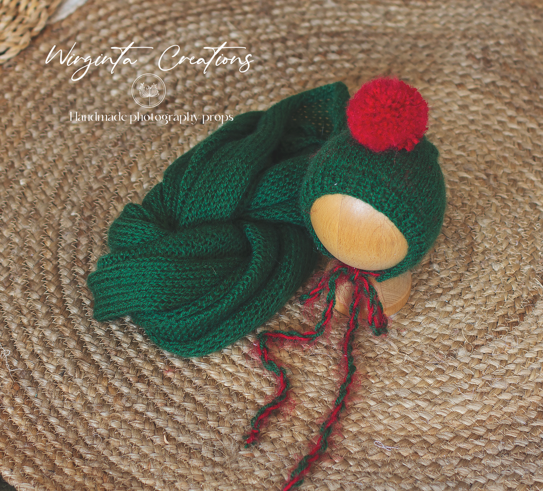 Newborn set | Red and Green | Knitted Wrap and Bonnet | Ready to Send | Photography Prop | Christmas