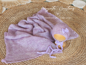 Newborn set | Lilac | Knitted Wrap and Bonnet | Ready to Send | Photography Prop