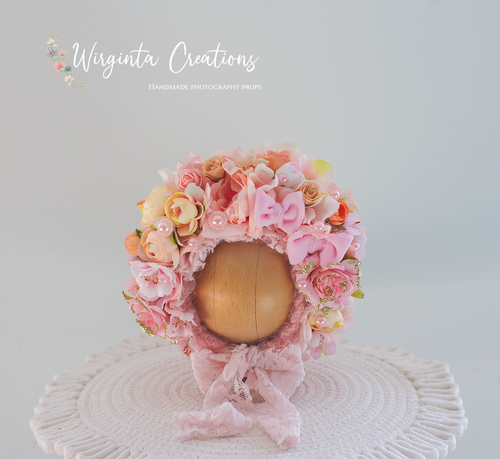 Flower Bonnet for Newborns (0-3 Months) | Photography Headpiece | Pink Colour | Ready to Send