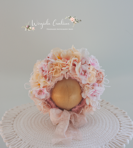 Flower Bonnet for Newborns (0-3 Months) | Photography Headpiece | Pink, Peach Colour | Ready to Send