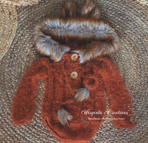 Fox Hooded Romper | Size: 6-12 Months Old | Handmade | Knitted Outfit | Woodlands Photography Prop