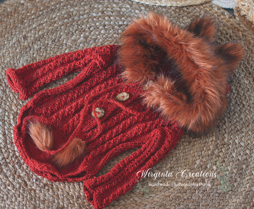 Fox Hooded Romper | Size: 6-12 Months Old | Handmade | Knitted Outfit | Woodlands Photography Prop