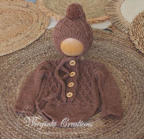 Bonnet and Romper Set | Knitted Outfit | Size: 6-12 Months Old | Brown | Photography prop