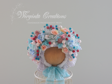 Load image into Gallery viewer, Christmas Flower Bonnet for 12-24 Months Olds | Handmade Festive Headpiece | Bonnet&#39;s Colours: Red, Mint, White | Photography Prop