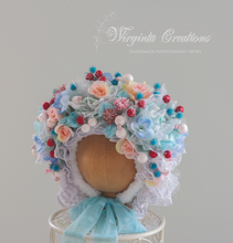 Load image into Gallery viewer, Christmas Flower Bonnet for 12-24 Months Olds | Handmade Festive Headpiece | Bonnet&#39;s Colours: Red, Mint, White | Photography Prop