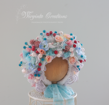 Load image into Gallery viewer, Flower Bonnet for 12-24 Months Olds | Handmade Headpiece | Bonnet&#39;s Colours: Red, Mint, White | Photography Prop