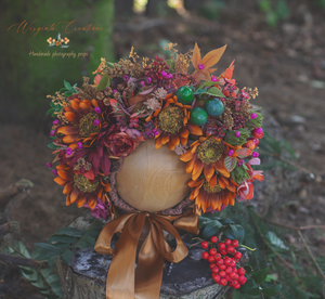 Flower Bonnet for 12-24 Months Old | Burnt Orange, Green, Brown Colour | Photography Prop | Artificial Flower Headpiece | Autumn Edition