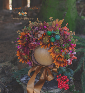 Flower Bonnet for 12-24 Months Old | Burnt Orange, Green, Brown Colour | Photography Prop | Artificial Flower Headpiece | Autumn Edition