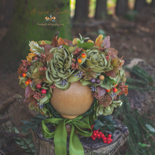 Load image into Gallery viewer, Flower Bonnet for 12-24 Months Old | Green, Brown Colour | Photography Prop | Artificial Flower Headpiece | Autumn Edition