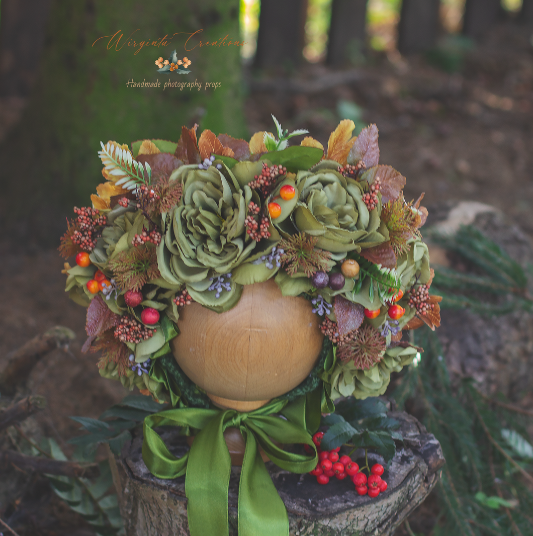 Flower Bonnet for 12-24 Months Old | Green, Brown Colour | Photography Prop | Artificial Flower Headpiece | Autumn Edition