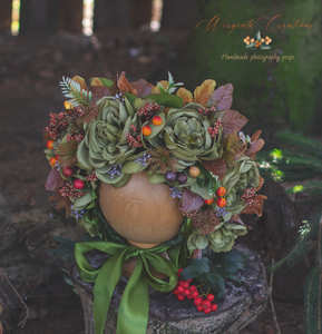 Flower Bonnet for 12-24 Months Old | Green, Brown Colour | Photography Prop | Artificial Flower Headpiece | Autumn Edition