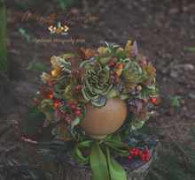 Load image into Gallery viewer, Flower Bonnet for 12-24 Months Old | Green, Brown Colour | Photography Prop | Artificial Flower Headpiece | Autumn Edition