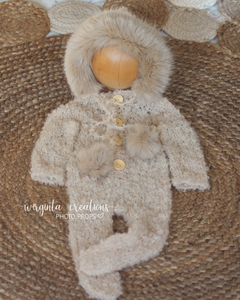 Newborn Footed Romper with Hood | Photo Prop | Cream Colour | Knitted Eskimo Outfit | Ready to Send