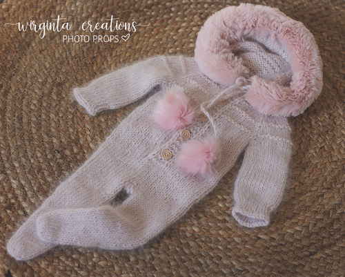 Newborn Footed Romper with Hood | Photo Prop | Pale Lilac, Pink Colour | Knitted Eskimo Outfit | Angora | Ready to Send