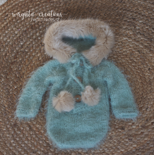 Load image into Gallery viewer, Newborn Romper with Hood | Photo Prop | Mint Colour | Knitted Eskimo Outfit | Fuzzy Yarn | Ready to Send