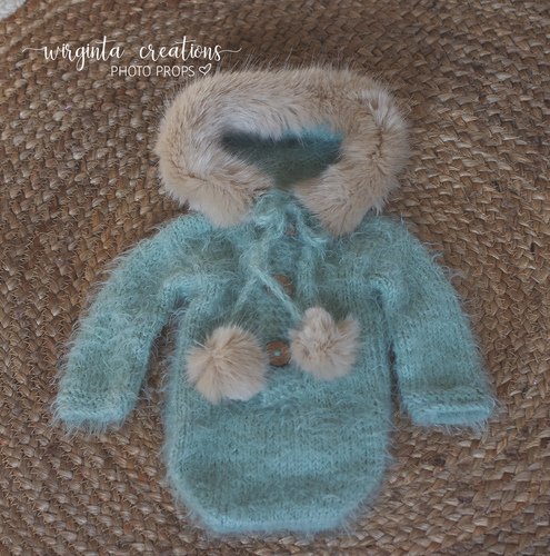 Newborn Romper with Hood | Photo Prop | Mint Colour | Knitted Eskimo Outfit | Fuzzy Yarn | Ready to Send