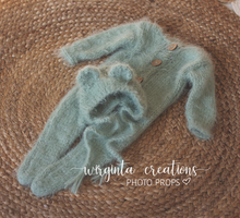 Load image into Gallery viewer, Newborn Footed Romper and Matching Bonnet | Photo Prop | Colours available: Dark Grey, Mint | Knitted Teddy Bear Outfit | Ready to Send