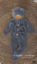 Load image into Gallery viewer, Newborn Footed Romper and Matching Bonnet | Photo Prop | Colours available: Dark Grey, Mint | Knitted Teddy Bear Outfit | Ready to Send