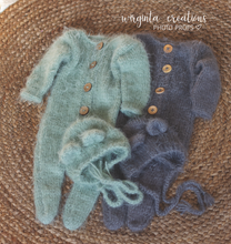 Load image into Gallery viewer, Newborn Footed Romper and Matching Bonnet | Photo Prop | Colours available: Dark Grey, Mint | Knitted Teddy Bear Outfit | Ready to Send