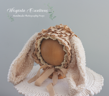 Load image into Gallery viewer, Handmade Beige Tattered Bunny Bonnet - Photography Prop for 6–24 Months - Easter