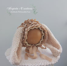 Load image into Gallery viewer, Handmade Beige Tattered Bunny Bonnet - Photography Prop for 6–24 Months - Easter