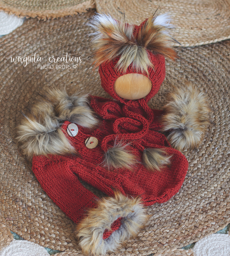 Burnt Orange Squirrel Romper with Matching Bonnet | Size: 6-12 Months Old | Knitted | Photography Prop | Ready to send