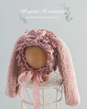 Load image into Gallery viewer, Handmade Dusty Pink Tattered Bunny Bonnet - Photography Prop for 6–24 Months - Easter