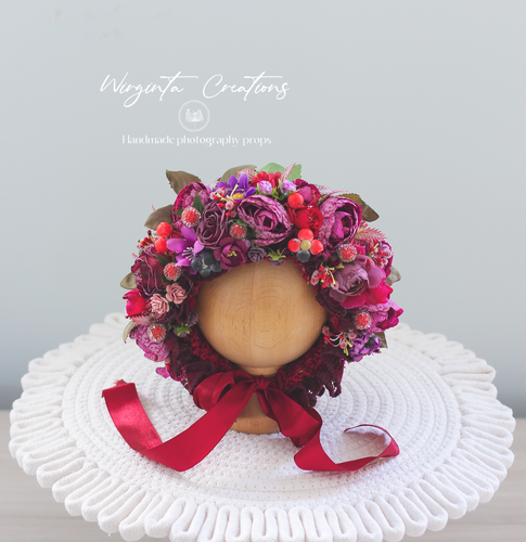 Flower Bonnet for Newborns (0-3 Months) | Photography Headpiece | Deep Pink, Red Colour | Ready to Send