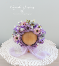 Load image into Gallery viewer, Flower Bonnet for Newborns (0-3 Months) | Photography Headpiece | Purple Colour | Ready to Send