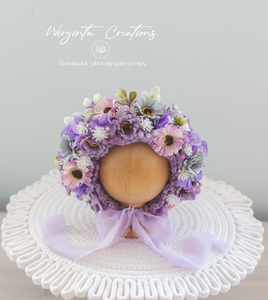 Flower Bonnet for Newborns (0-3 Months) | Photography Headpiece | Purple Colour | Ready to Send