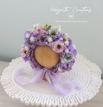 Load image into Gallery viewer, Flower Bonnet for Newborns (0-3 Months) | Photography Headpiece | Purple Colour | Ready to Send