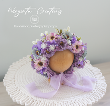 Load image into Gallery viewer, Flower Bonnet for Newborns (0-3 Months) | Photography Headpiece | Purple Colour | Ready to Send