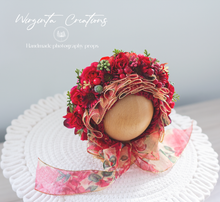 Load image into Gallery viewer, Flower Bonnet for Newborns (0-3 Months) | Photography Headpiece | Red, Gold Colour | Ready to Send