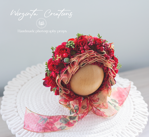 Flower Bonnet for Newborns (0-3 Months) | Photography Headpiece | Red, Gold Colour | Ready to Send