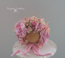 Load image into Gallery viewer, Flower Bonnet for 12-24 Months Old | Photography Prop | Pink Colours | Artificial Flower Headpiece | Handmade