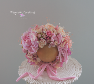 Flower Bonnet for 12-24 Months Old | Photography Prop | Pink Colours | Artificial Flower Headpiece | Handmade